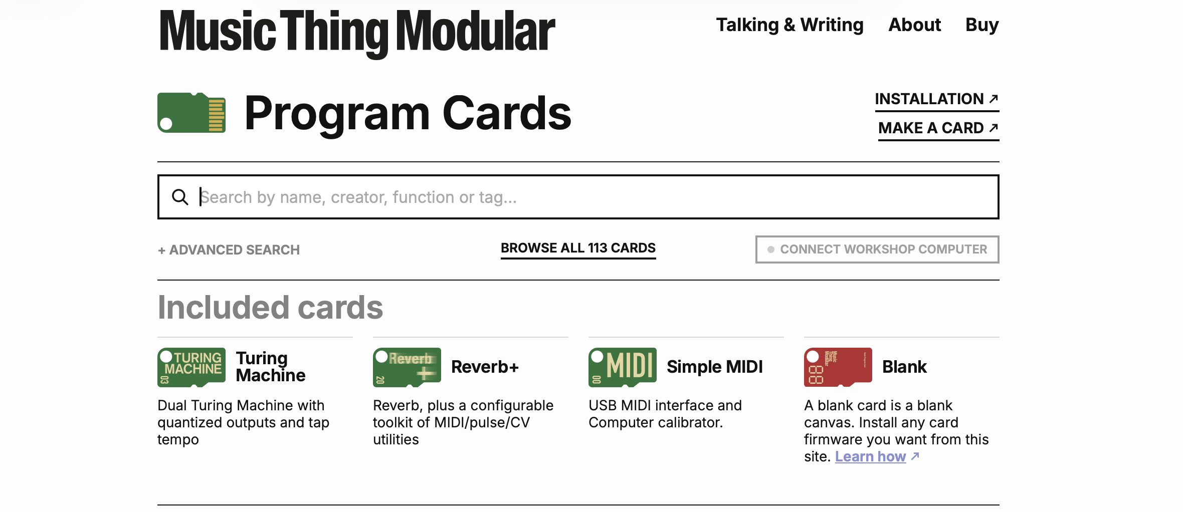 The computer.musicthing.co.uk front page, showing Tom Whitwell's weekly curated selection of program cards above the full searchable card index