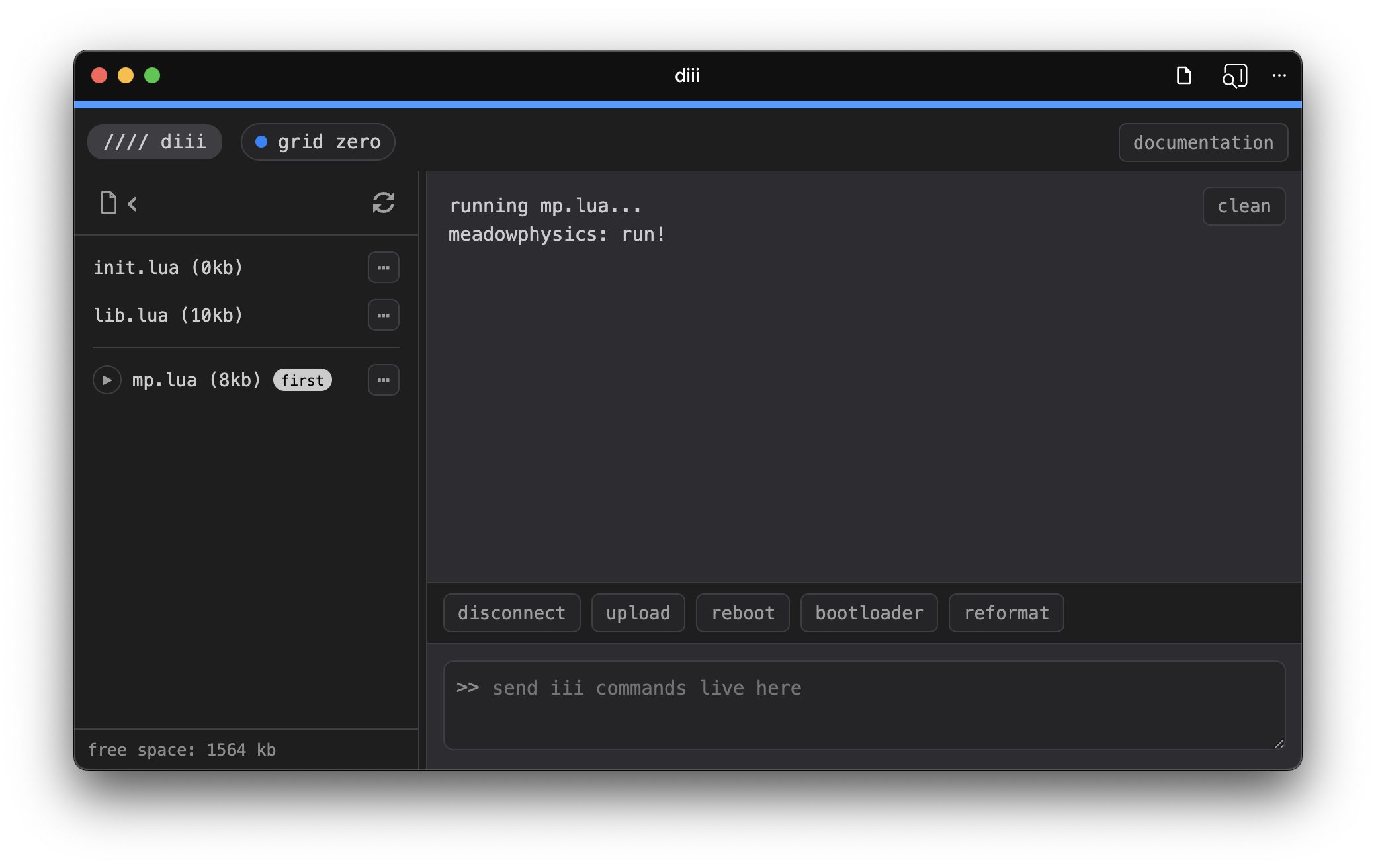 The diii web app connected to a grid zero: the device's files, including mp.lua marked to run first, listed on the left, a console showing meadowphysics running, and buttons to upload, reboot, enter the bootloader or reformat the device