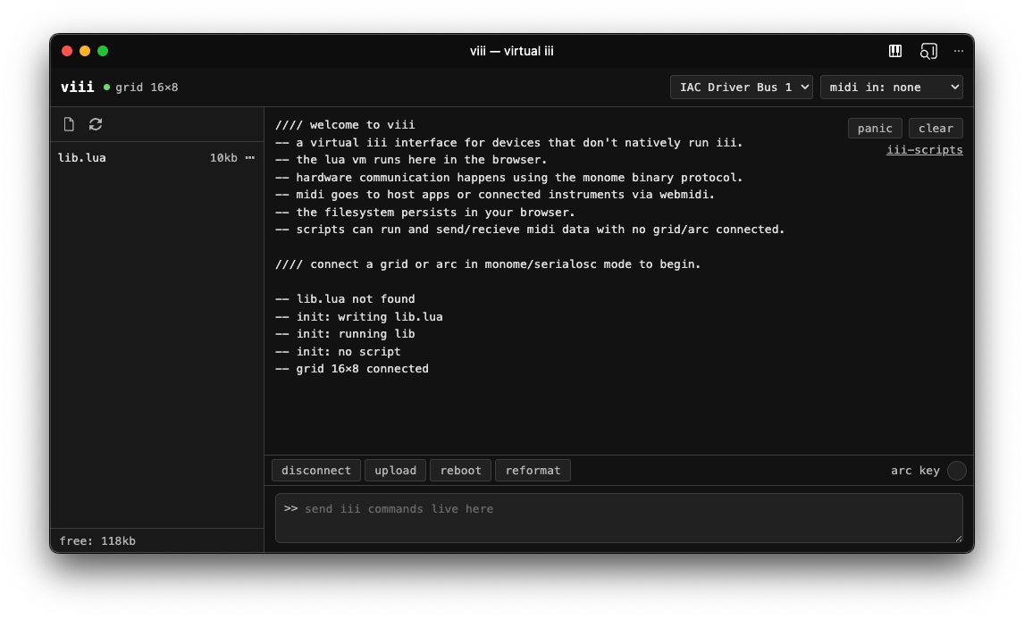 The viii web app with a 16x8 grid connected: a file list with lib.lua on the left, a console printing the viii welcome message and init log, and a live command input for sending iii commands